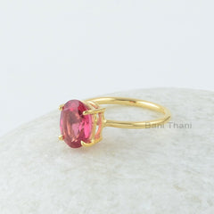 Pink Tourmaline Quartz Ring, Pink Tourmaline 8x10 mm Oval Shape Gemstone Silver Ring, 18k Gold Plated Ring, Bridal Ring, Gift for her