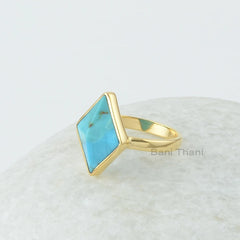 Arizona Turquoise Ring, Arizona Turquoise 12x16 mm Diamond Pyramid Gold Plated Sterling Silver Ring, Turquoise Ring- Gemstone Bezel Set Ring