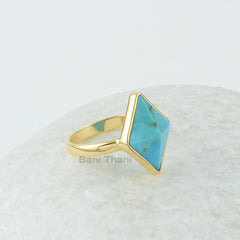 Arizona Turquoise Ring, Arizona Turquoise 12x16 mm Diamond Pyramid Gold Plated Sterling Silver Ring, Turquoise Ring- Gemstone Bezel Set Ring