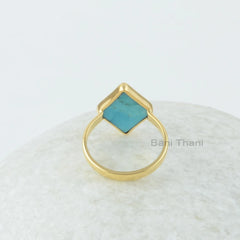 Arizona Turquoise Ring, Arizona Turquoise 12x16 mm Diamond Pyramid Gold Plated Sterling Silver Ring, Turquoise Ring- Gemstone Bezel Set Ring