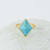 Arizona Turquoise Ring, Arizona Turquoise 12x16 mm Diamond Pyramid Gold Plated Sterling Silver Ring, Turquoise Ring- Gemstone Bezel Set Ring