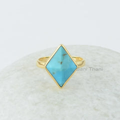 Arizona Turquoise Ring, Arizona Turquoise 12x16 mm Diamond Pyramid Gold Plated Sterling Silver Ring, Turquoise Ring- Gemstone Bezel Set Ring