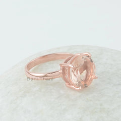 Morganite Silver Ring, Morganite Quartz Faceted Cut 12mm Round Gemstone Ring, Rose Gold Plated Ring, Gemstone Silver Rings For Women