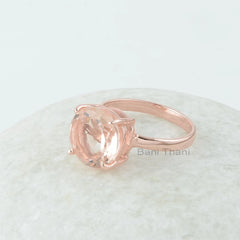 Morganite Silver Ring, Morganite Quartz Faceted Cut 12mm Round Gemstone Ring, Rose Gold Plated Ring, Gemstone Silver Rings For Women