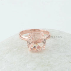 Morganite Silver Ring, Morganite Quartz Faceted Cut 12mm Round Gemstone Ring, Rose Gold Plated Ring, Gemstone Silver Rings For Women
