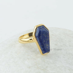 Coffin Ring, Lapis Lazuli 10x17 mm Coffin Shape Gemstone Silver Ring, 18k Gold Plated Ring, Bezel Set Ring, Coffin Gemstone Ring For Women
