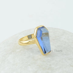 Coffin Ring, Sapphire Quartz 10x17 mm Coffin Shape Gemstone Silver Ring, 18k Gold Plated Ring, 925 Silver Bezel Ring, Coffin Gemstone Ring