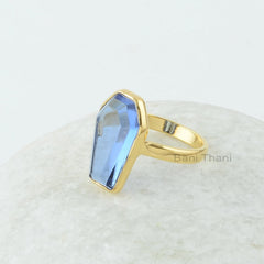 Coffin Ring, Sapphire Quartz 10x17 mm Coffin Shape Gemstone Silver Ring, 18k Gold Plated Ring, 925 Silver Bezel Ring, Coffin Gemstone Ring