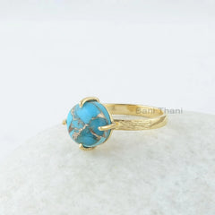 Blue Copper Turquoise Ring, Gemstone Silver Ring, 10mm Round Prong Set Gemstone Ring, Gold Plated Ring, Jewelry for Women, Birthday Present