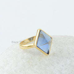 Blue Quartz Gemstone Silver Ring - Gold Plated 925 Silver Ring - 10x16mm Pyramid Gemstone Ring - Wedding Gift Ring for Women - Handmade Ring