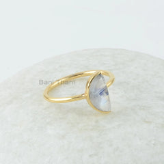 Rainbow Moonstone Ring - 5x10mm Half Moon Shape Ring - Gemstone Ring - Gold Plated Ring - Wholesale Ring - 925 Silver Ring - Ring for Womens