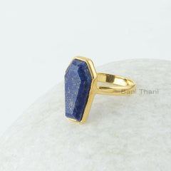 Coffin Ring, Lapis Lazuli 10x17 mm Coffin Shape Gemstone Silver Ring, 18k Gold Plated Ring, Bezel Set Ring, Coffin Gemstone Ring For Women