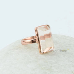 Morganite Ring, Morganite Quartz 9x15 mm Octagon Shape Gemstone Ring, Rose Gold Plated Ring, 925 Sterling Silver Bezel Set Rectangle Ring
