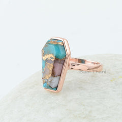 Pink Opal Copper Turquoise Ring - Gemstone Ring - Sterling Silver - 10x17 mm Coffin - Fashion Jewelry - Gift For Student - Jewelry For Lover