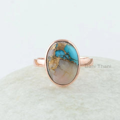 Opal Turquoise Ring, Pink Opal Copper Turquoise 10x14mm Oval Gemstone Ring, Bezel Set Ring, Rose Gold Plated Ring, 925 Silver Turquoise Ring
