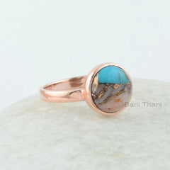 Round Turquoise Ring, Pink Opal Copper Turquoise 10 mm Round Gemstone Ring, Rose Gold Plated Bezel Ring, 925 Silver Turquoise Ring For Gift
