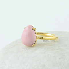 Opal Cabochon Ring, Pink Opal 9x12mm Pear Shape Gemstone Ring, 18k Gold Plated Pink Opal Ring, 925 Silver Ring, Prong Set Opal Cabochon Ring