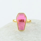 Coffin Ring - Pink Tourmaline Quartz 10x17mm Coffin Shape Gemstone Ring - 18k Gold Plated Ring - 925 Sterling Silver Ring - Ring for Womens