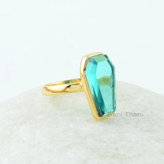 Coffin Ring, Teal Quartz 10 x 17 mm Coffin Shape Gemstone Silver Ring, 18k Gold Plated Coffin Ring, Bezel Ring, Coffin Shape Ring For Women