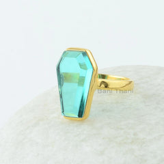 Coffin Ring, Teal Quartz 10 x 17 mm Coffin Shape Gemstone Silver Ring, 18k Gold Plated Coffin Ring, Bezel Ring, Coffin Shape Ring For Women