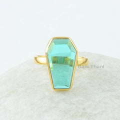 Coffin Ring, Teal Quartz 10 x 17 mm Coffin Shape Gemstone Silver Ring, 18k Gold Plated Coffin Ring, Bezel Ring, Coffin Shape Ring For Women