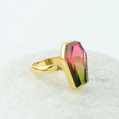 Coffin Ring - Bi-Color Tourmaline Quartz 10x17mm Coffin Shape Gemstone Silver Ring - 18k Gold Plated Coffin Ring - 925 Silver Ring For Women