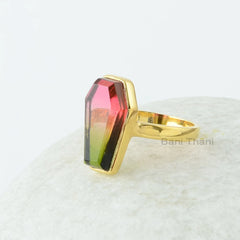 Coffin Ring - Bi-Color Tourmaline Quartz 10x17mm Coffin Shape Gemstone Silver Ring - 18k Gold Plated Coffin Ring - 925 Silver Ring For Women