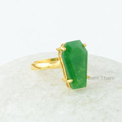Coffin Ring, Green Aventurine 10x17mm Coffin Shape Gemstone Ring, 18k Gold Plated Prong Ring, 925 Sterling Silver Ring, Coffin Gemstone Ring