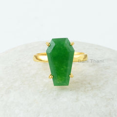 Coffin Ring, Green Aventurine 10x17mm Coffin Shape Gemstone Ring, 18k Gold Plated Prong Ring, 925 Sterling Silver Ring, Coffin Gemstone Ring
