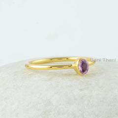 Pink Sapphire Ring, Natural Tiny Pink Sapphire 3x4mm Oval Gemstone Ring, Minimalist Rings, Gold Plated Sapphire Rings