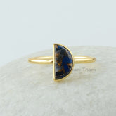 Half Moon Ring, Copper Lapis Lazuli 5x10mm Half Moon Gemstone Ring, Lapis Lazuli Jewelry, 18k Gold Plated Bezel Ring, 925 Silver Half Moon