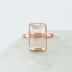 Morganite Ring, Morganite Quartz 9x15 mm Octagon Shape Gemstone Ring, Rose Gold Plated Ring, 925 Sterling Silver Bezel Set Rectangle Ring