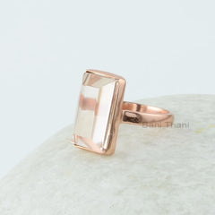 Morganite Ring, Morganite Quartz 9x15 mm Octagon Shape Gemstone Ring, Rose Gold Plated Ring, 925 Sterling Silver Bezel Set Rectangle Ring