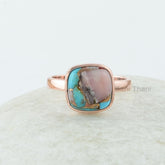 Turquoise Ring - 925 Silver - Pink Opal Copper Turquoise - Cushion Ring - Rose Gold Plated Ring- Sterling Silver Ring, Mojave Turquoise Ring
