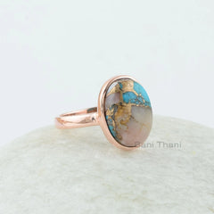 Opal Turquoise Ring, Pink Opal Copper Turquoise 10x14mm Oval Gemstone Ring, Bezel Set Ring, Rose Gold Plated Ring, 925 Silver Turquoise Ring