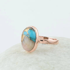 Opal Turquoise Ring, Pink Opal Copper Turquoise 10x14mm Oval Gemstone Ring, Bezel Set Ring, Rose Gold Plated Ring, 925 Silver Turquoise Ring