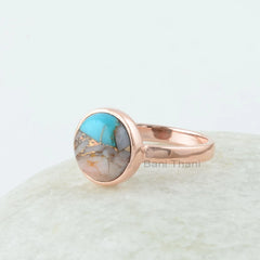 Round Turquoise Ring, Pink Opal Copper Turquoise 10 mm Round Gemstone Ring, Rose Gold Plated Bezel Ring, 925 Silver Turquoise Ring For Gift