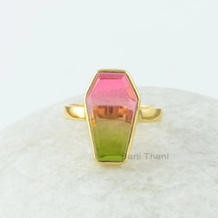 Coffin Ring - Bi-Color Tourmaline Quartz 10x17mm Coffin Shape Gemstone Silver Ring - 18k Gold Plated Coffin Ring - 925 Silver Ring For Women