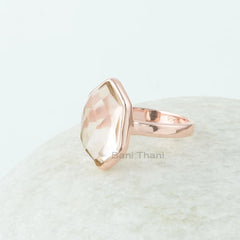 Morganite Ring - Pure Silver - Handcrafted Ring - Rose Gold Plated - Faceted Hexagon - Healing Jewelry - Gift For Lady - Jewelry For Bride