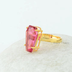 Gorgeous Coffin Ring, Pink Tourmaline Quartz 10x17 mm Coffin Gemstone Ring, Stylish Prong Ring, Gold Plated Quartz Ring, Womens Silver Ring