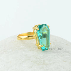 Coffin Ring - Teal Quartz 10x17mm Coffin Shape Gemstone Ring - Gold Plated Ring - Prong Set Ring - 925 Silver Ring - Jewelry for Womens