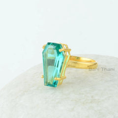 Coffin Ring - Teal Quartz 10x17mm Coffin Shape Gemstone Ring - Gold Plated Ring - Prong Set Ring - 925 Silver Ring - Jewelry for Womens