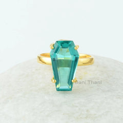 Coffin Ring - Teal Quartz 10x17mm Coffin Shape Gemstone Ring - Gold Plated Ring - Prong Set Ring - 925 Silver Ring - Jewelry for Womens