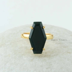 Bloodstone Ring, BloodStone 10x18mm Hexagon Shape Gemstone Silver Ring, 18k Gold Plated Stylish Prong Ring, Sterling Silver Gemstone Jewelry