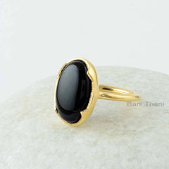 Black Onyx Ring - Pure Silver - Handcrafted Ring - Trendy Jewelry - Gold Plated - Prong Set - Jewelry For Artist - Gift For School Principal