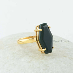 Bloodstone Ring, BloodStone 10x18mm Hexagon Shape Gemstone Silver Ring, 18k Gold Plated Stylish Prong Ring, Sterling Silver Gemstone Jewelry