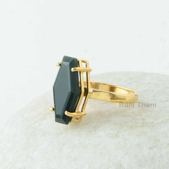 Bloodstone Ring, BloodStone 10x18mm Hexagon Shape Gemstone Silver Ring, 18k Gold Plated Stylish Prong Ring, Sterling Silver Gemstone Jewelry