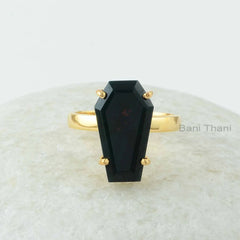 Bloodstone Silver Ring, Bloodstone 10x17mm Coffin Shape Gemstone Ring, 18k Gold Plated Prong Set Coffin Ring, Handmade Gift Rings For Mother