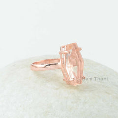 Morganite Prong Ring - Morganite Quartz 10x18 mm Hexagon Gemstone Silver Ring - Rose Gold Plated Pink Gemstone Ring - Quartz Rings For Women