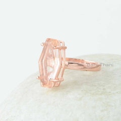 Morganite Prong Ring - Morganite Quartz 10x18 mm Hexagon Gemstone Silver Ring - Rose Gold Plated Pink Gemstone Ring - Quartz Rings For Women